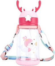 Garrafa Infantil Rosa com Canudo - Alce Desenhado 600ml para Meninas - imagem 2