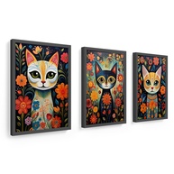 Trio de Quadros 18x24 cm com Moldura em Madeira - Arte Folk Mexicana de Gatos e Flores - imagem 1