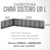 Cabeceira Estofada em L para Canto Alemão | Painel 3m x 40cm Cinza | Instalação Fácil sem Furos - imagem 3