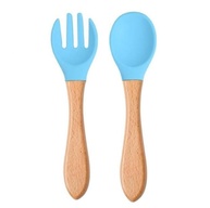 Kit Garfo + Colher de Silicone com Cabo de Madeira para Bebê - Azul - imagem 1