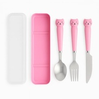 Jogo de Talheres Infantil com Gatinho Rosa - 4 Peças em Aço Inox com Estojo - imagem 2
