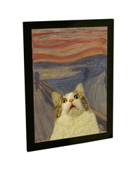 Quadro Decorativo A4 Gato 'O Grito' Engraçado - Moldura Pinus com Arte Exclusiva - imagem 1