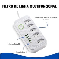 Filtro de Linha Potente: 5 Tomadas, 4 USB, 1 USB-C e Cabo de 2m - Energia e Segurança para Seus Dispositivos - imagem 3