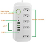 Extensão Régua Elétrica Inteligente: 5 Tomadas, 6 USBs (2 USB-C), 2m, 2500W, Proteção Sobretensão - Premium Branco/Preto - imagem 3