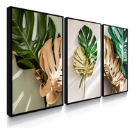 Quadro Decorativo Folhas e Plantas Verdes - Amazonia Gold | Kit 3 Peças com Fita Dupla Face - imagem 1