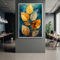Quadro Decorativo Abstrato com Moldura - Planta Folhas Dourada Azul Verde para Sala e Quarto - imagem 1