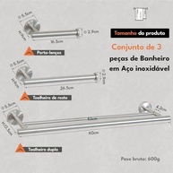 LUMAI Kit 3 Acessórios Banheiro Aço Inox Fosco | Toalheiro Duplo 60cm + Porta-Toalha + Suporte Papel Higiênico - imagem 4