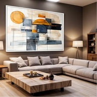 Quadro Decorativo Abstrato Laranja e Azul com Moldura Caixa em Acrílico Cristal - 130x90cm (Preta) - imagem 5