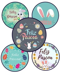 Adesivos Redondos Feliz Páscoa - Kit 50 Unidades com Coelhinhos e Ovos - Design Aquarela para Embalagens e Presentes - imagem 1