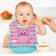 Babador Infantil Impermeável Ajustável Bolso Coletor de Coruja Rosa Azul - imagem 4