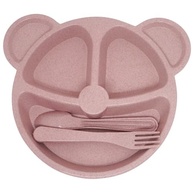 Prato com Divisória + Talheres Infantil Rosa - BLW Urso para Introdução Alimentar Segura - imagem 4
