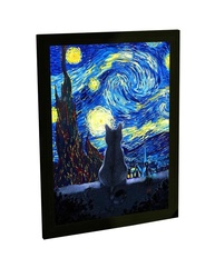 Quadro Decorativo Gato na Noite Estrelada - Arte Van Gogh em Alta Definição com Moldura de Pinus - imagem 1