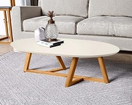 Mesa de Centro Oval Classic com Pés em Madeira Maciça - Design Elegante Off White e Amêndoa - imagem 2
