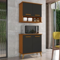 Kit de Cozinha Mavi – Balcão + Armário Aéreo Moderno Cedro/Preto - imagem 1