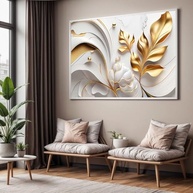Quadro com Moldura Folhas Douradas Abstrato - Arte Decorativa para Sala e Quarto - imagem 2