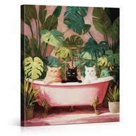 Arte de Parede Vintage Rosa com Gatos Tropicais - Banheiro Decorativo 20x25cm - imagem 1