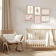 Conjunto de Arte de Parede Vintage Rosa - 6 Impressões em Tela para Berçário e Quarto Infantil com Coelho, Cisne e Flores - imagem 3