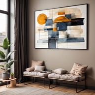 Quadro Decorativo Abstrato Laranja e Azul com Moldura - Arte Moderna para Sala e Quarto - imagem 2