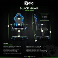 Cadeira Gamer Black Hawk ELG - Reclinável 180°, Apoio Cervical, Ajuste de Altura, Até 150kg, Preto/Azul - imagem 4