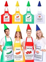 Mepase Conjunto de 4 condimentos, ketchup, maionese, mostarda, avental de Halloween e chapéus engraçados, condimento, comida, cosplay, roupas de festa, fantasias para mulheres e homens - imagem 2