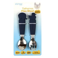 CLINGO Kit Garfo e Colher para Bebê em Metal e Silicone Azul - Seguro, Antimicrobiano e Fácil de Limpar - imagem 3