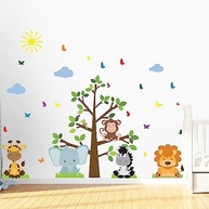 Adesivo de Parede Infantil Árvore Safari com Nuvens Azul - 66 Peças para Decoração Criativa - imagem 2