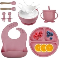 Kit Introdução Alimentar 8 Peças em Silicone - Prato Divisório, Babador, Copo e Talheres Seguros para Bebês - imagem 3
