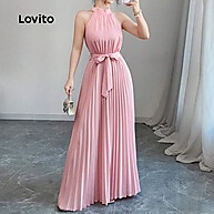 Vestido Lovito Elegante Plissado com Renda e Babados - imagem 2
