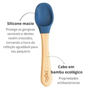 Kit Talheres em Silicone com Cabo de Bambu para Bebês - Colher e Garfo Pippo Azul Escuro - imagem 4