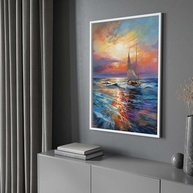 Quadro Decorativo com Moldura - Pintura Mar Por do Sol Barco Vertical para Sala e Quarto - imagem 5