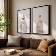 Kit 2 Quadros Decorativos Abstrato Geométrico Dourado Mármore Bege - Estilo Minimalista Moderno com Moldura - imagem 3