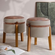 Kit Puff Redondo Decorativo em Courino com Pés de Madeira - 2 Unidades Bege - imagem 2