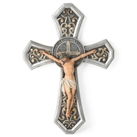 Cruz de Parede com Medalha Católica São Bento - Crucifixo Renascentista em Prata com Acabamento Realista - imagem 1