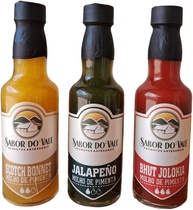 Kit 3 Molhos Artesanais Scotch Bonnet, Jalapeño e Bhut Jolokia, Natural e Vegano Sem Conservante Quimico Sabor Do Vale 180ml - imagem 1