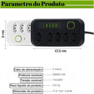 Régua de Energia Premium: 5 Tomadas, 4 USB + 1 USB-C, Cabo 2m, Bivolt e Carregamento Inteligente - imagem 3