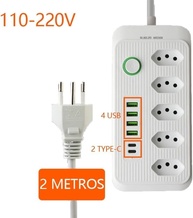 Power Extensão Elétrica Multifuncional: 5 Tomadas Universais + 4 USB + 2 Type-C | 2500W Bivolt | 2m - imagem 5