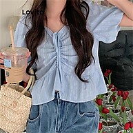 Blusa Casual Listrada Lovito com Estampa Franzida - Estilo e Conforto Feminino - imagem 1