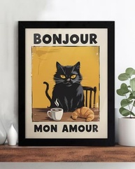 Pôster de Arte de Parede com Gato Engraçado 'Bonjour Mon Amour' - 15x20cm | Decore com Charme e Humor - imagem 5