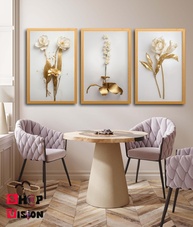 Quadros Decorativos Flor Tulipa Branca Dourada - Trio 3 Peças 50x30cm | Design Premium para Quarto e Sala - imagem 1