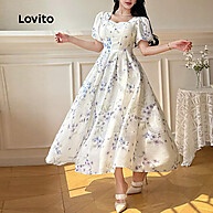 Vestido Elegante Lovito com Mangas Bufantes Azul e Branco - imagem 2