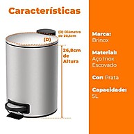 Lixeira Inox 5L com Pedal: Praticidade Spin Brinox - imagem 2