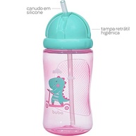 Garrafa Dino Patinete Rosa 400ml - Buba com Canudo em Silicone e Tampa Retrátil - imagem 5