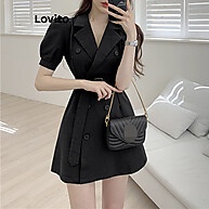 Lovito Vestido Elegante Liso com Cinto e Manga Bufante - imagem 2