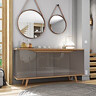 Buffet 160cm 4 Portas Cinza Perola/Noce com Pés em Madeira Maciça - imagem 1
