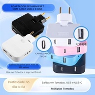 Kit 2 Adaptadores Benjamin Articulado Flexível Bivolt 10A: 2 Tomadas + 1 USB + 1 USB-C (Branco) - imagem 4