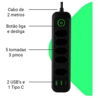 Régua de Energia Inteligente: 5 Tomadas, 2 USB-A + 1 USB-C, Cabo 2m (Preto) - imagem 5