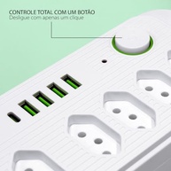Régua de Energia Inteligente: 5 Tomadas, 4 USB + 1 Tipo-C, Cabo 2m, 2500W - imagem 4