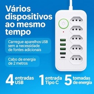 Filtro de Linha Premium: 5 Tomadas + 4 USB + 1 Tipo-C, Cabo 2m, Bivolt 10A/2500W - Branco - imagem 3