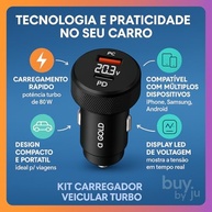 Carregador Turbo 60W Veicular: USB + Tipo-C PD/QC 3.0 | Carga Rápida iOS/Android + Cabo Incluso - imagem 3