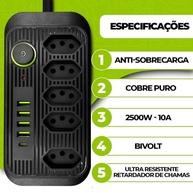 Tomada Inteligente Premium: 5 Tomadas, 4 USB, 1 USB-C + 2 Cabos Tipo-C (Branca) - imagem 5